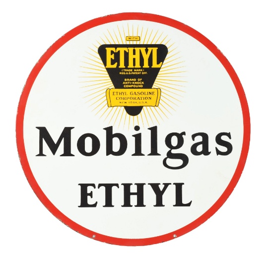 Mobilgas Ethyl Porcelain Curb Sign with Ethyl Burst Graphic.