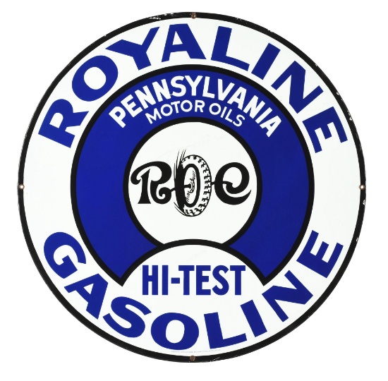 Incredible Royaline Hi Test Gasoline Porcelain Curb Sign with Tire Graphic.