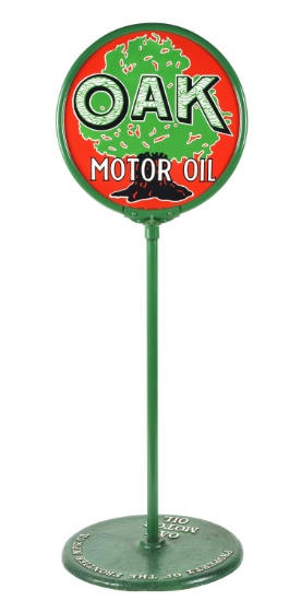 Outstanding Oak Motor Oil Porcelain Lollipop Curb Sign with Oak Tree Graphic.