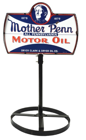 Very Rare Mother Penn Motor Porcelain Curb Sign with Mother Penn Graphic.