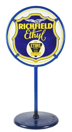 Richfield Ethyl Gasoline Porcelain Lollipop Curb Sign with Eagle Graphic.