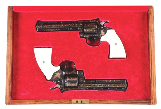 (M) Cased, Engraved & Inlaid Pair of Colt Python & Diamondback Double Action Revolvers.