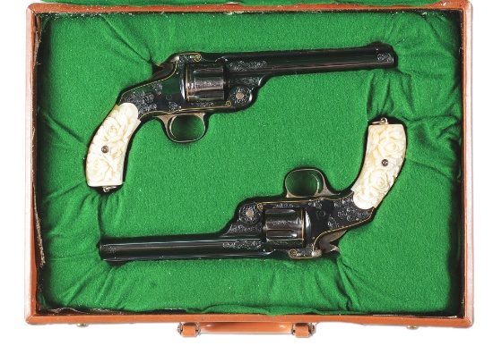 (A) Cased Pair of Japanese Engraved Smith & Wesson No. 3 Revolvers with Carved Pearl Grips.