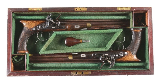 (A) Important Pair of High Quality American Made Silver Mounted Flintlock Saw-Handled Dueling Pistol
