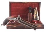 (A) Cased & Engraved French or Belgian Howdah Over-Under Percussion Pistol.