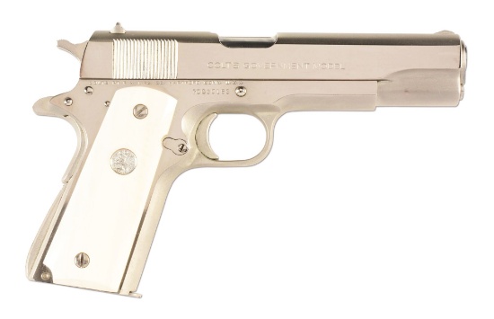 (M) Nickel Plated Colt Model 1911A1 Series 70 Government Semi-Automatic Pistol with Ivory Grips (197