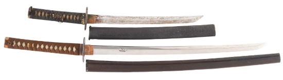 Lot of 2: Fine Late Shinto Wakizashi In The Style of Tadatsuna with Bonji & 2 Short Grooves with Ano