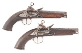 (A) PAIR OF SPANISH MIQUELET BELT PISTOLS WITH LONG BELT HOOKS, SILVER INLAID SPANISH FORM BARRELS,