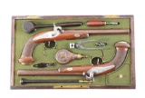 (A) GOOD CASE PAIR OF BELGIAN PERCUSSION DUELING PISTOLS WITH FULL ACCESSORIES CIRCA 1850.