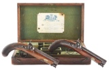 (A) CASED PAIR OF ENGLISH PERCUSSION TARGET OR DUELING PISTOLS BY HENRY TATHAM.