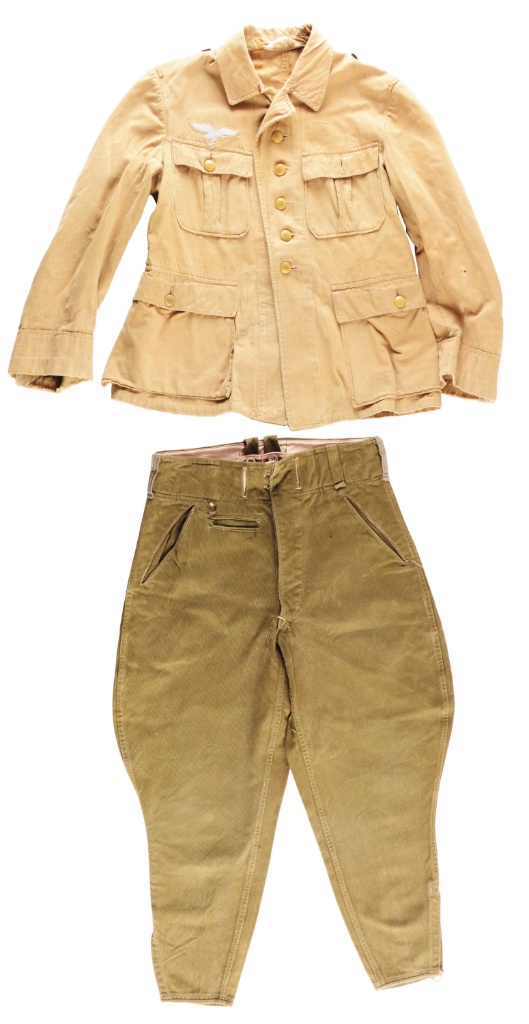 LOT OF 2: GERMAN WWII LUFTWAFFE TROPICAL TUNIC AND HEER OFFICER TROPIAL BREECHES.