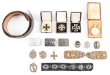 LOT OF 17: THIRD REICH AND IMPERIAL GERMAN MEDALS, BUCKLES, INSIGNIA, AND STOP WATCH.