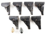 LOT OF 9: GERMAN WWII P-38 HOLSTERS AND INERT M39 GRENADES.