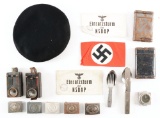 LOT OF 15: THIRD REICH ARMBANDS, BUCKLES, AND FIELD GEAR ITEMS.