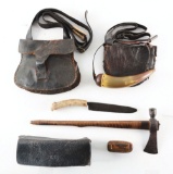 Lot of 5: Hunting Bags, Powder Horn, Knife, and Pipe Tomahawk.