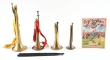 LOT OF 6: FOUR BRASS MILITARY BUGLES, CIVIL WAR DRUMSTICKS, AND CUSTER SHEET MUSIC.