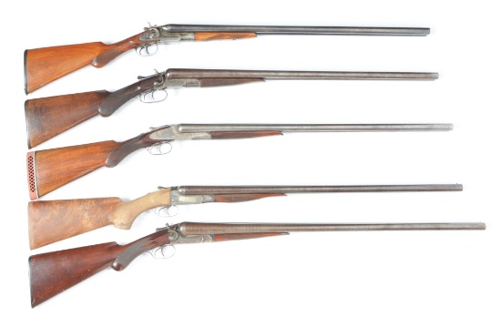 (A) LOT OF 5: ANTIQUE SIDE BY SIDE SHOTGUNS.