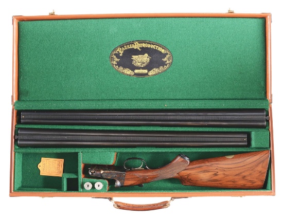 (C) RARE CASED PARKER REPRODUCTION DHE GRADE 12 BORE TWO BARREL SET SIDE BY SIDE SHOTGUN WITH CASE.