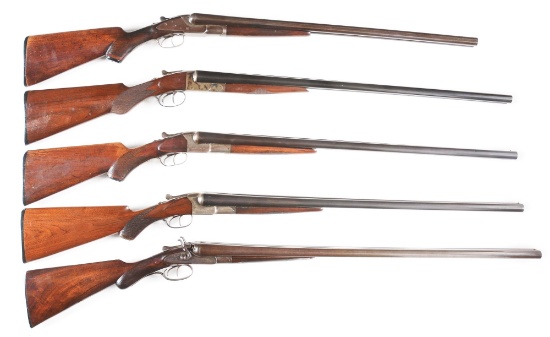 (C) LOT OF FIVE: SIDE BY SIDE HAMMERLESS SHOTGUNS, FOUR TRYONS AND ONE KEYSTONE ARMS.