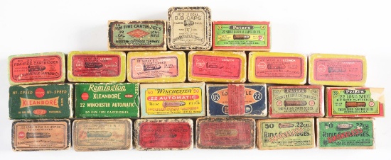 LOT OF TWENTY ONE COLLECTIBLE .22 RIMFIRE AMUNITION BOXES.