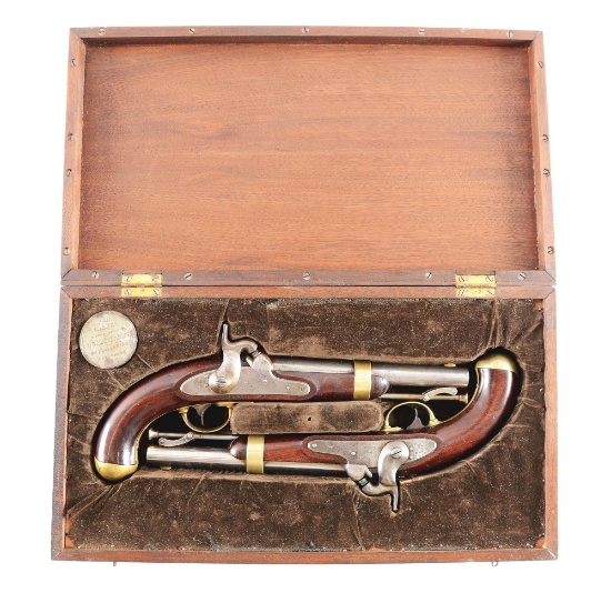 (A) LOT OF TWO: A BRACE OF US MODEL 1842 SINGLE SHOT PERCUSSION MARTIAL PISTOL BY HENRY ASTON, BOTH