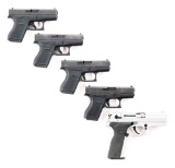 (M) LOT OF FIVE: FOUR POLICE GLOCK 42 AND STOEGER COUGAR 8040F SEMI AUTOMATIC PISTOLS.