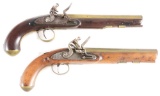 LOT OF 2: ENGLISH BRASS BARREL FLINTLOCK HOLSTER PISTOLS, ONE BY SHARPE, THE OTHER WITH LOCK MARKED