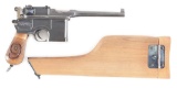 (C) MAUSER RED 9 C96 BROOMHANDLE PISTOL WITH STOCK, FINNISH ARMY MARKED.