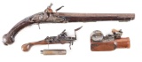 (A) LOT OF FOUR: UNMARKED FLINTLOCK PISTOL AND THREE POWDER TESTERS.