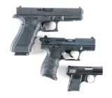(M) LOT OF THREE NEAR NEW QUALITY SEMI-AUTOMATIC PISTOLS FROM GLOCK, WALTHER, AND KBI..
