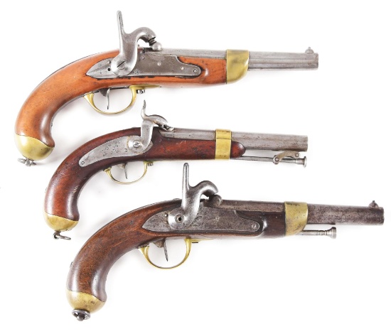 (A) LOT OF THREE: THREE FRENCH PERCUSSION PISTOLS, ONE MODEL 1837 MARINE PISTOL AND TWO MODEL 1822 T