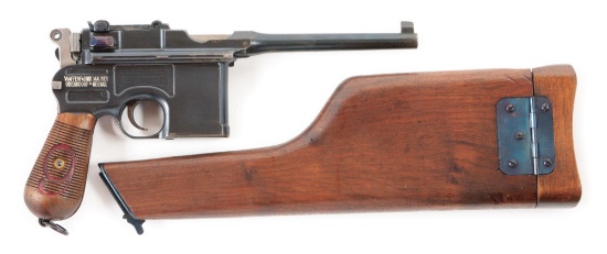 (C) MAUSER C-96 RED 9 BROOMHANDLE SEMI AUTOMATIC PISTOL WITH HOLSTER.