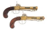 (A) LOT OF TWO: A PAIR OF ENGLISH BRASS BARRELED PERCUSSION BLUNDERBUSS PISTOLS CONVERTED FROM FLINT