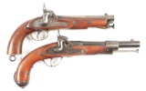 (A) LOT OF TWO: TWO SINGLE SHOT MILITARY STYLE PERCUSSION PISTOLS, ONE EAST INDIA COMPANY, THE OTHER