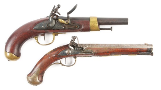 (A) LOT OF TWO: COLLECTOR'S LOT OF SINGLE SHOT FLINTLOCK PISTOLS, ONE A FRENCH MODEL 1813, THE OTHER