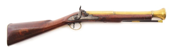 (A) AN ATTRACTIVE UNMARKED BRITISH (?) BRASS BARRELED BLUNDERBUSS CONVERTED FROM FLINTLOCK TO PERCUS
