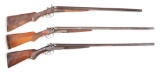 (A) LOT OF 3: OLD EXPOSED HAMMER DOUBLE BARREL SHOTGUNS.