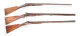 (A) THREE ANTIQUE SIDE BY SIDE SHOTGUNS FROM E. JAMES, T. WALTON, AND ETHAN ALLEN.