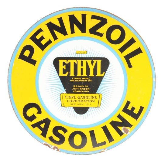 Pennzoil Gasoline Porcelain Curb Sign W/ Ethyl Burst Graphic.