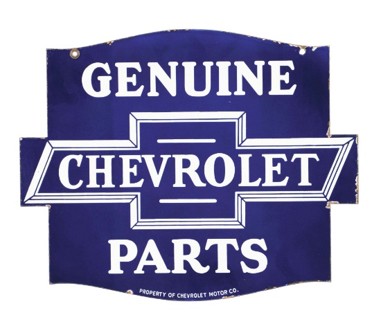 Chevrolet Genuine Parts Die Cut Porcelain Sign W/ Bowtie Graphic.