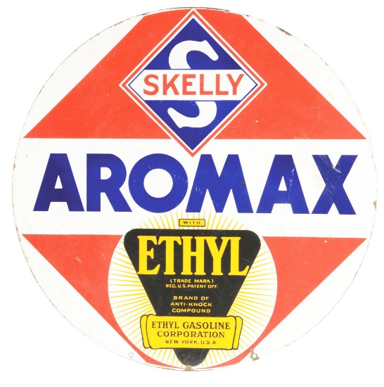 Skelly Aromax Gasoline Porcelain Curb Sign W/ Ethyl Burst Graphic.