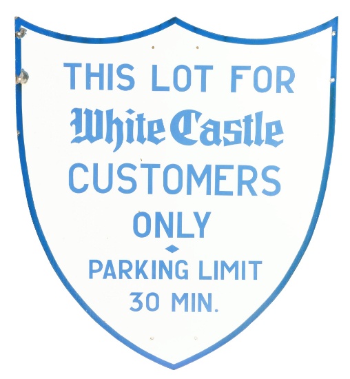 White Castle Hamburgers Shield Shaped Parking Lot Porcelain Sign.