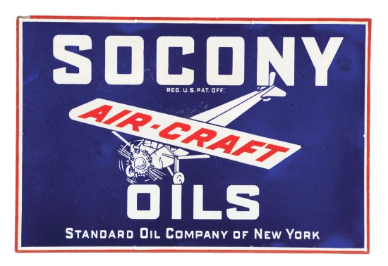 Socony Air-Craft Motor Oils Porcelain Sign W/ Airplane Graphic.