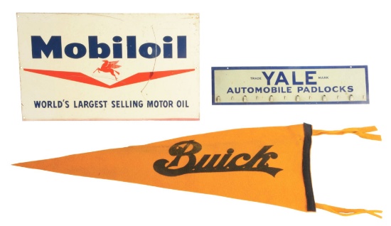 Lot Of 3: Buick Motor Cars Pennant, Mobil Tin Sign & Yale Padlocks Tin Sign.