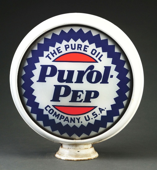 Purol Pep Gasoline Complete 15" Globe On Original Porcelain Body.