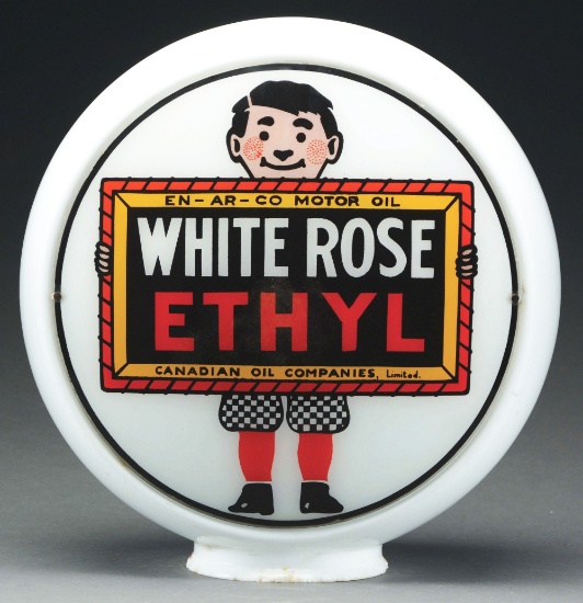 White Rose Ethyl Gasoline Complete 13.5" Globe On Wide Milk Glass Body.