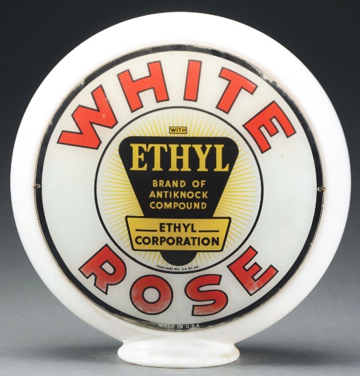 White Rose & White Rose Ethyl Gasoline Complete 13.5" Globe On Narrow Milk Glass Body.