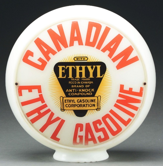 Canadian Ethyl Gasoline Single 13.5" Globe Lens On Wide Milk Glass Body.