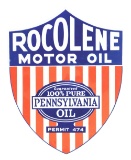 Rare Rocolene Motor Oil Single Sided Porcelain Shield Sign W/ Flange Brackets.