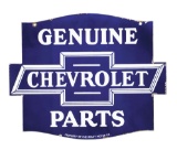 Chevrolet Genuine Parts Die Cut Porcelain Sign W/ Bowtie Graphic.